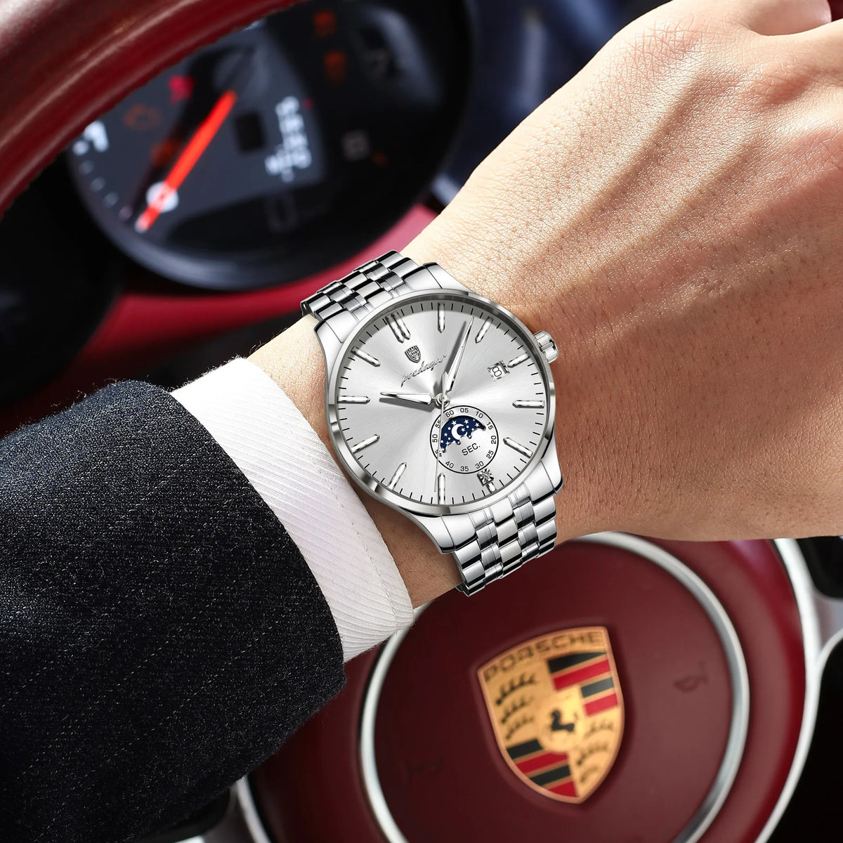 Poedagar 854 Mens Watch Luxury Stainless Steel Moon Phase Wristwatch Montre Homme Calendar Waterproof Business Watch for Men