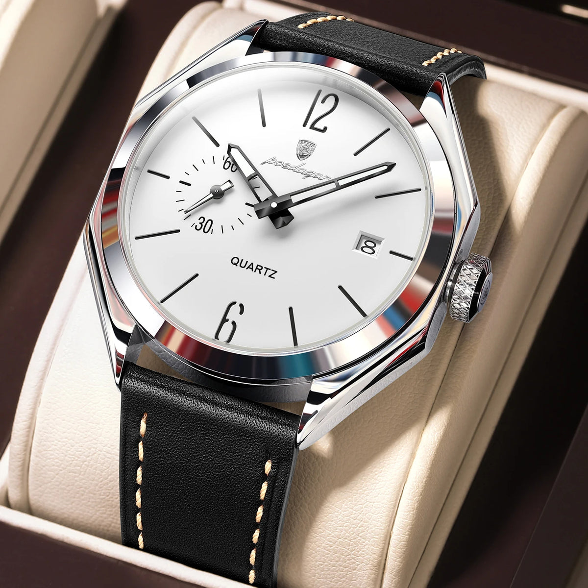 POEDAGAR 689 Quartz Watch Men Hardlex Dial Leather Strap 3ATM Waterproof Luminous Night Light Business Wristwatch