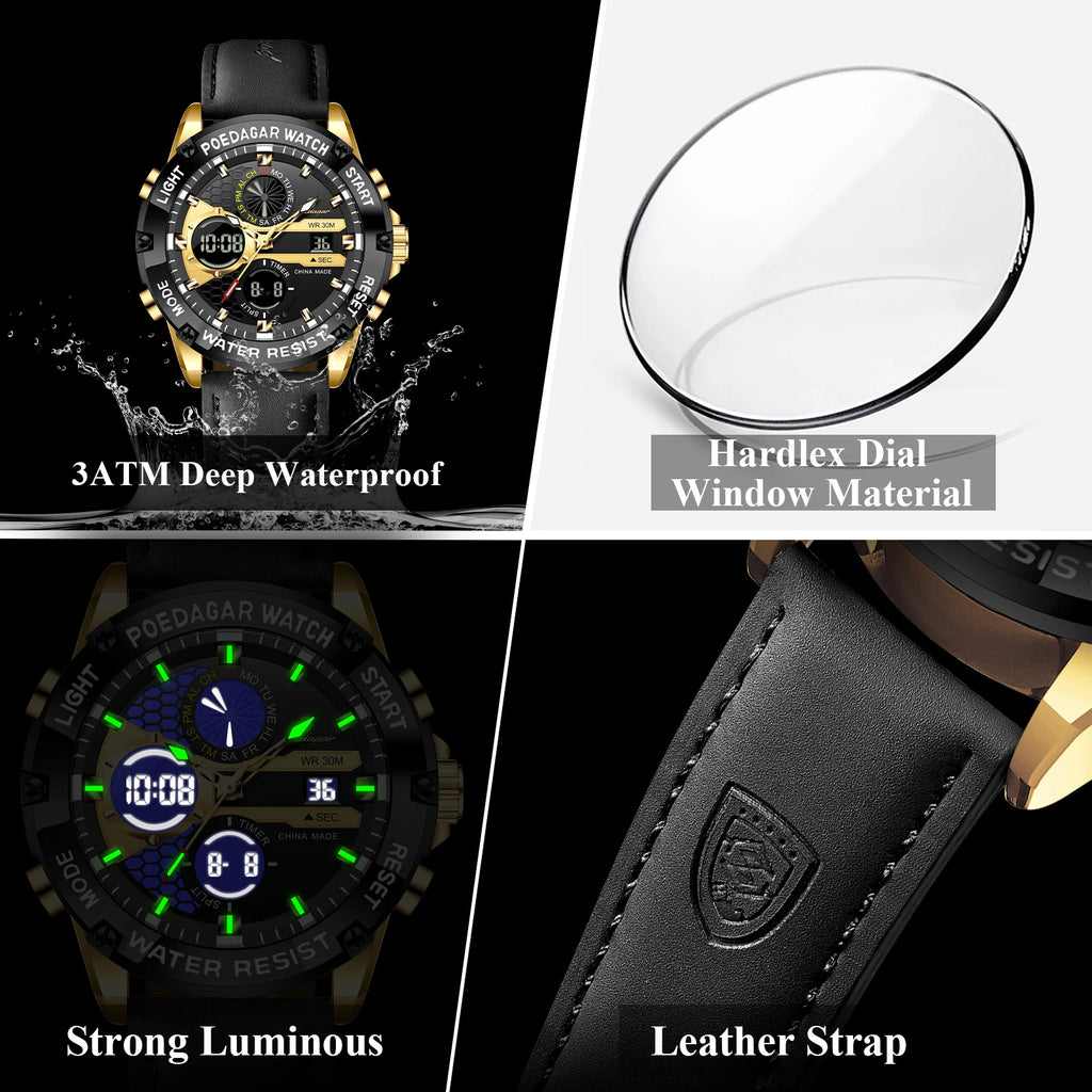 Poedagar E125 Mens Watch Dual Display Digital Analog Waterproof Montre Homme Luminous Leather Strap Sports Wristwatch for Men