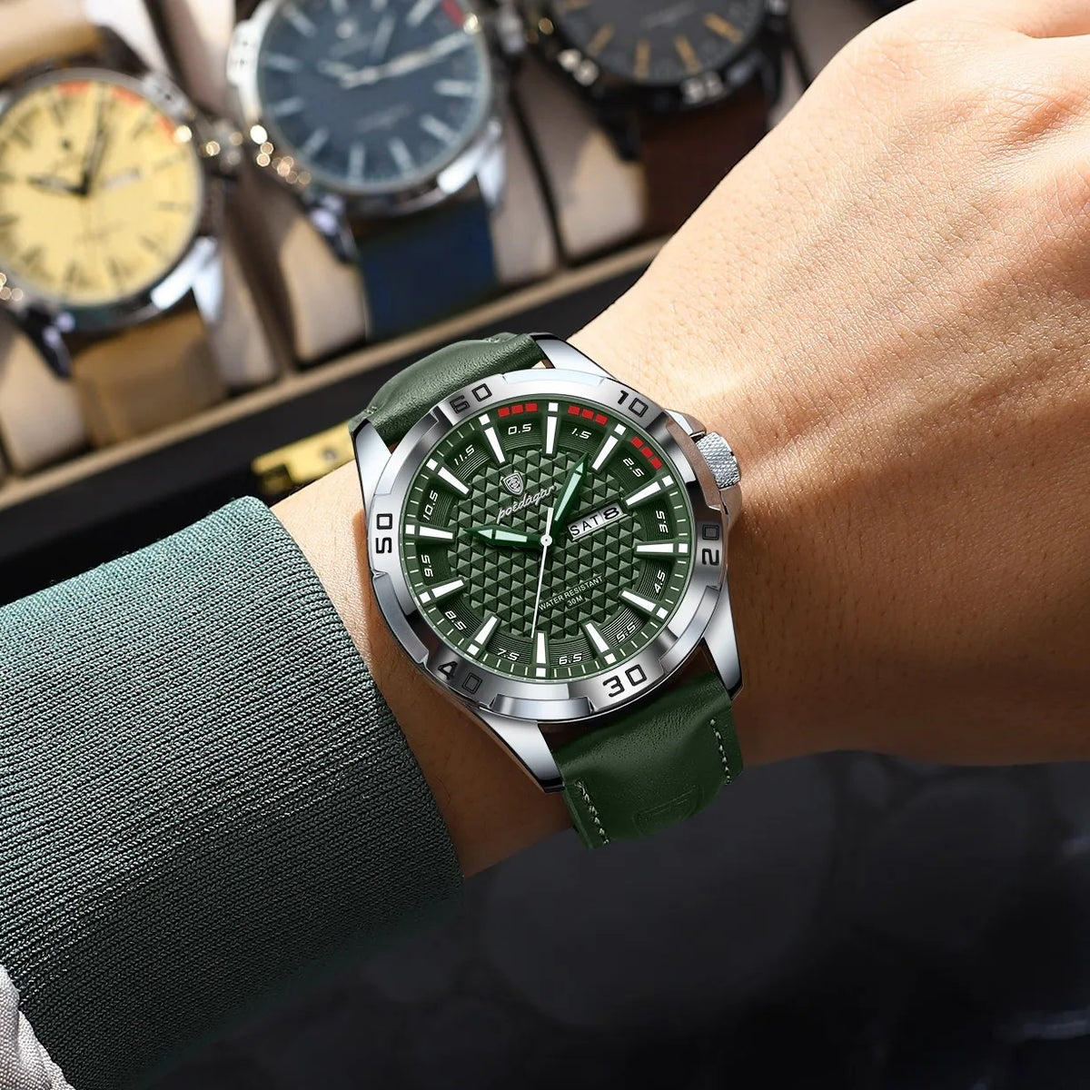 Poedagar 895 Luxury Men Watch 3D Geometric Dial Day Date Luminous Leather Strap Quartz Business Casual Waterproof Watch for Men