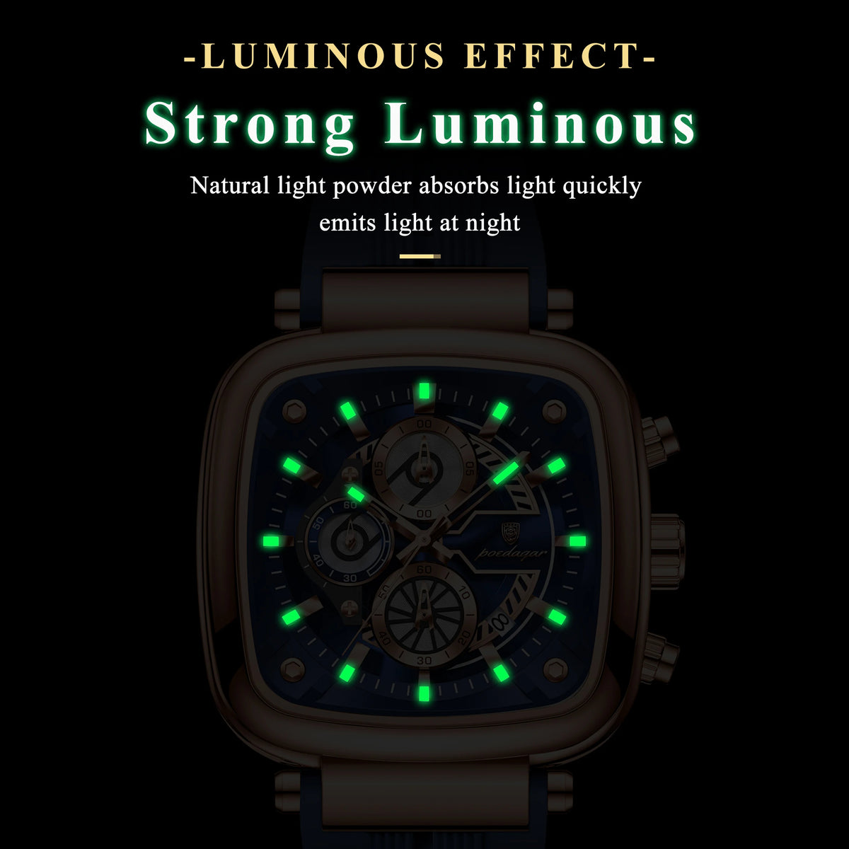 POEDAGAR 849 Men's Quartz Chronograph Watch 3ATM Waterproof Square Case Silicone Strap Fashion Sport Wristwatch
