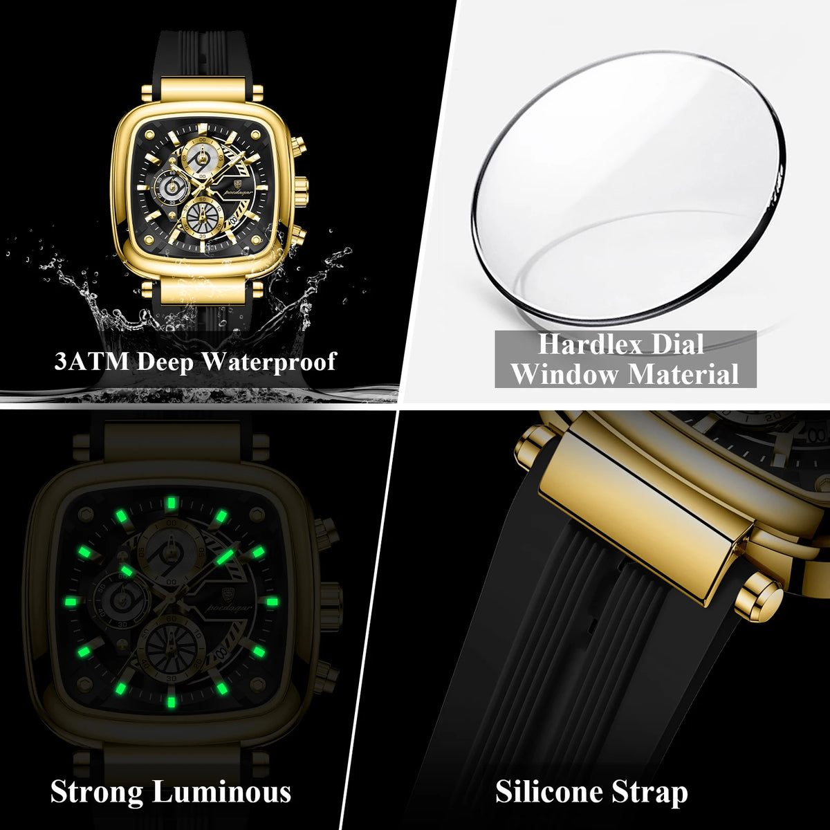 Poedagar 849 Luxury Mens Watch Square Case 3-Eye Chronograph Quartz Wristwatch Silicone Strap Luminous Waterproof Watch Montre