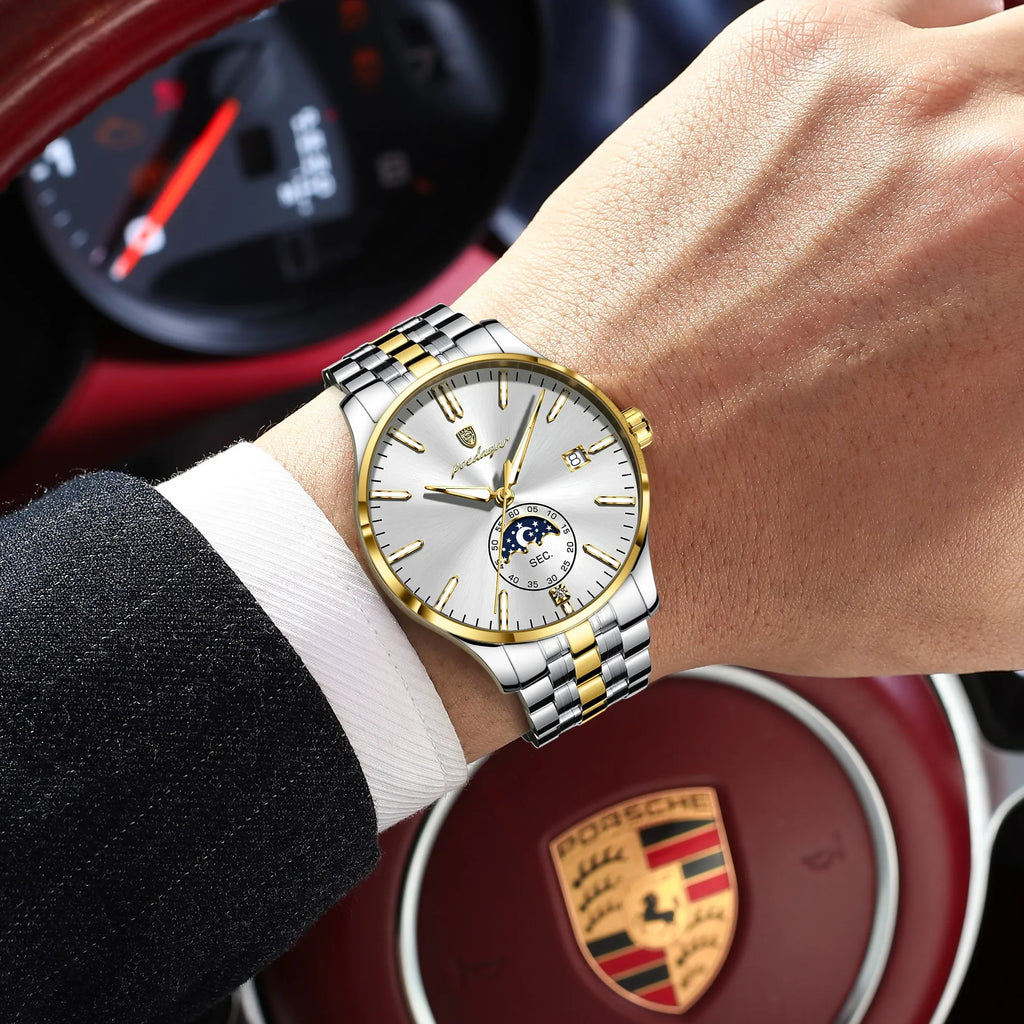 Poedagar 854 Men's Watches Luxury Moon Phase Stainless Steel Quartz Watch Reloj Calendar Waterproof Business Wristwatch for Men