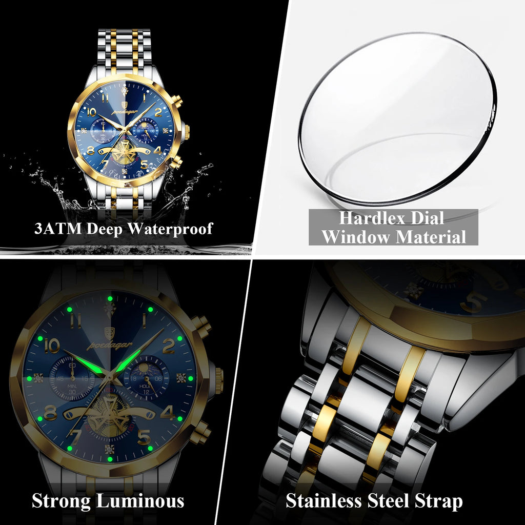 Poedagar 939 Men's Watch Luxury Luminous Waterproof Quartz Watches Stainless Steel Chronograph Watch for Men Reloj Hombre