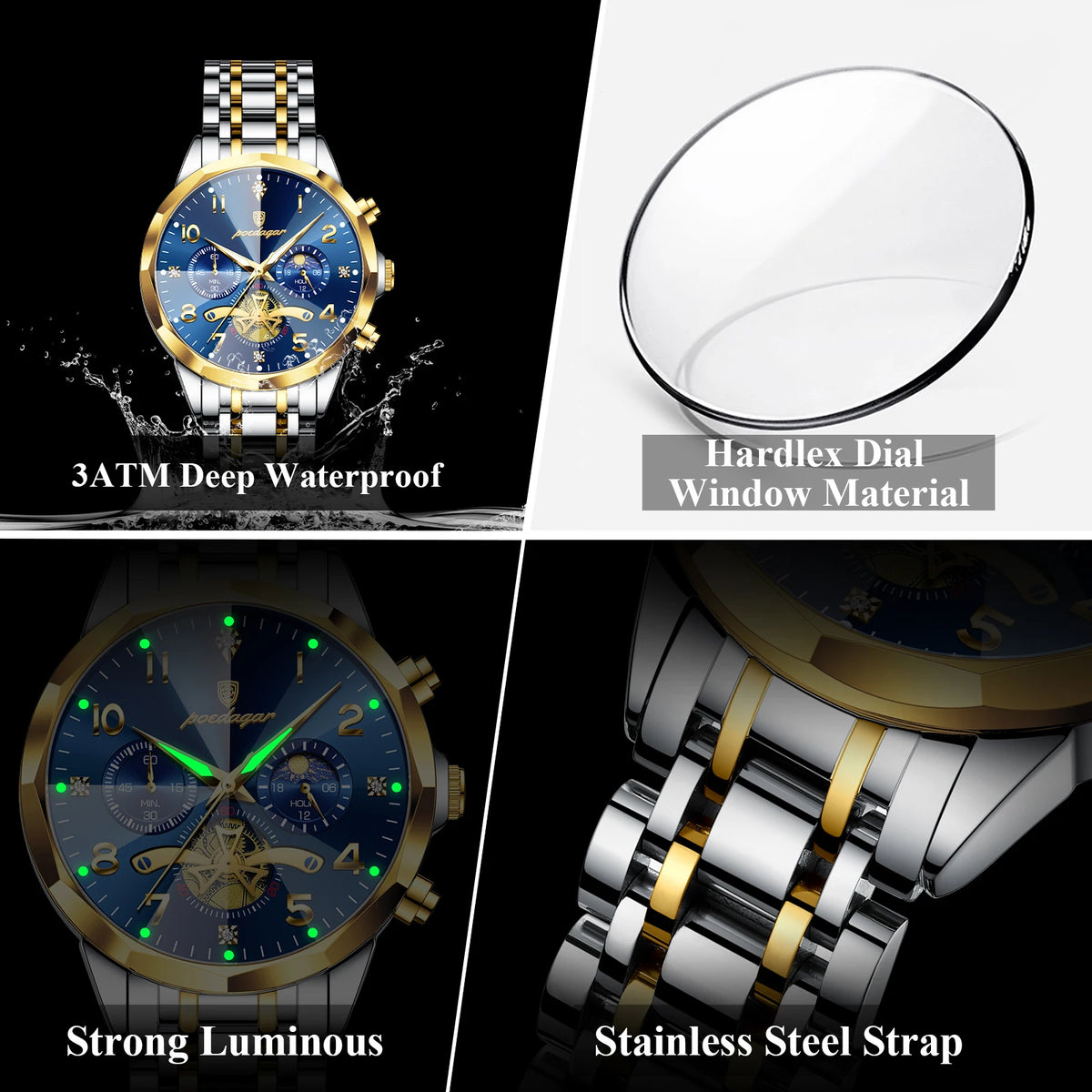 Poedagar 939 Men's Watch Luxury Luminous Waterproof Quartz Watches Stainless Steel Chronograph Watch for Men Reloj Hombre