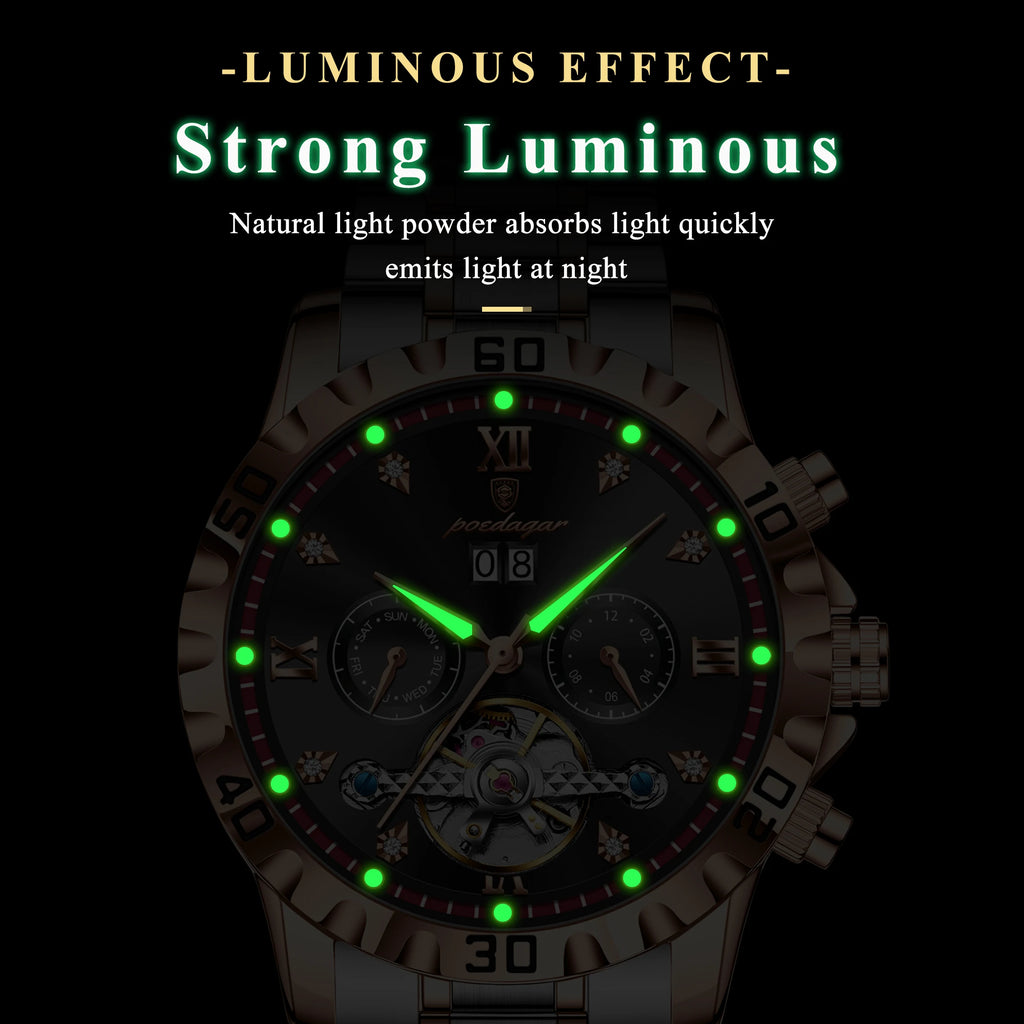 Poedagar 1418 Men's Mechanical Watch Luxury Business Luminous Waterproof Date Wristwatch Hollow Stainless Steel Automatic Watch