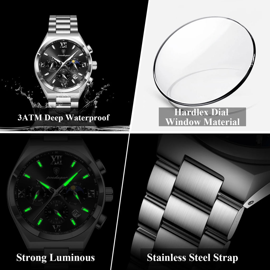 Poedagar 688 Men's Quartz Watch Business Luminous Wristwatch Montre Homme Waterproof Chronograph Stainless Steel Watch for Men