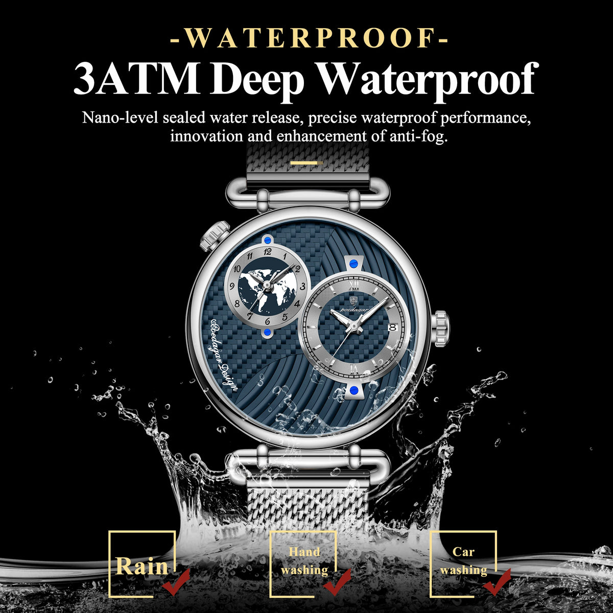 Poedagar 848 Men's Formal Quartz Watch Dual Time Zone Mesh Stainless Steel Luminous 3ATM Waterproof Business Montre Homme