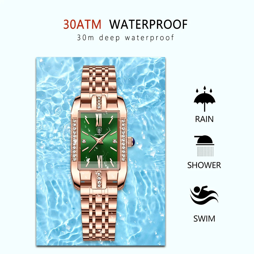 Poedagar Green square Watch for Women Luxury Stainless Steel Ladies Quartz Watches Waterproof Fashion Brand Ladies Watches Wrist