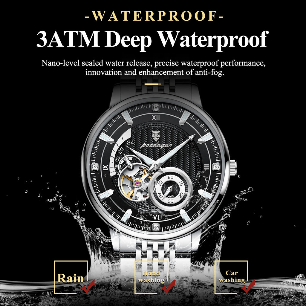 Poedagar 1416 Men Mechanical Watch Automatic Skeleton Dial Stainless Steel Waterproof Business Watch Wholesale Price in Stock