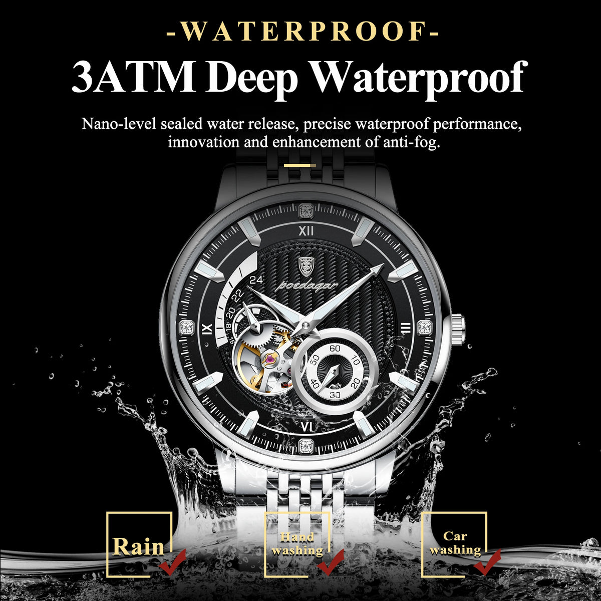 Poedagar 1416 Men Mechanical Watch Automatic Skeleton Dial Stainless Steel Waterproof Business Watch Wholesale Price in Stock