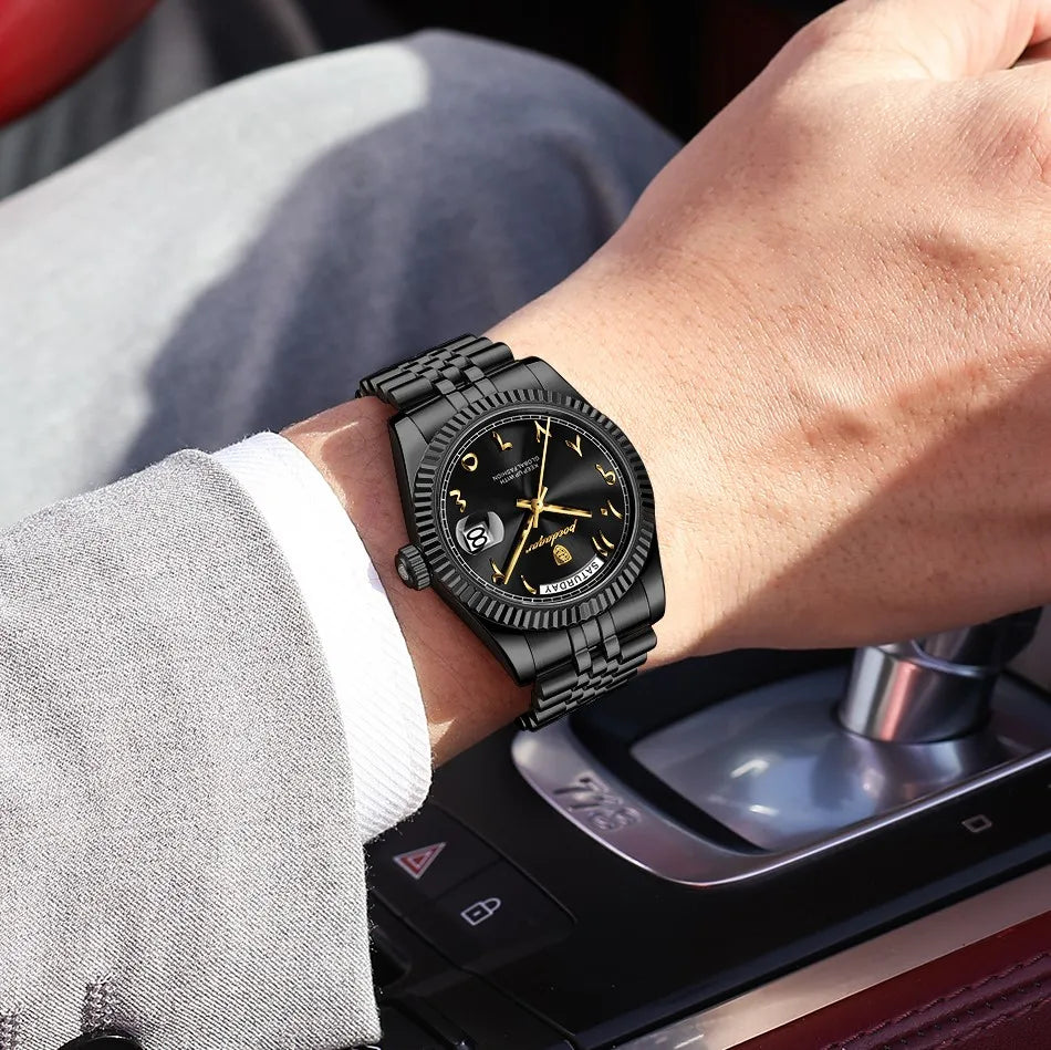 Poedagar 845 Luxury Men's Watch Arabic Numeral Dial Business Dress Wristwatch Stainless Steel Waterproof Quartz Watch for Men