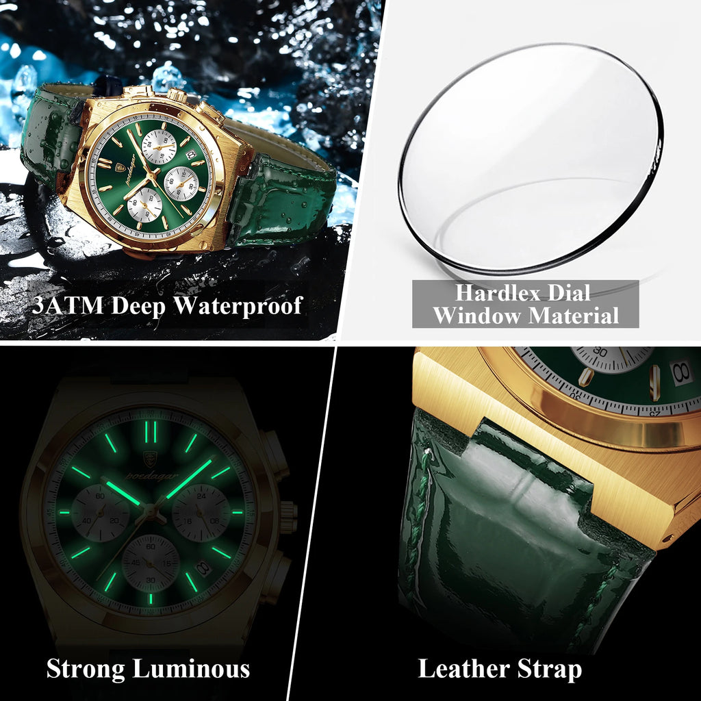 Poedagar 970 Mens Quartz Watch Luxury Leather Strap Luminous Waterproof Wristwatch Montre Homme Casual Chronograph Watch for Men