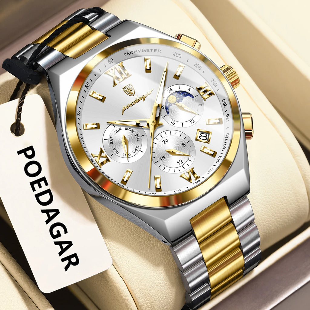 Poedagar 688 Luxury Men's Quartz Watch Waterproof Luminous Wristwatch Multi-Functional Chronograph Stainless Steel Watch for Men