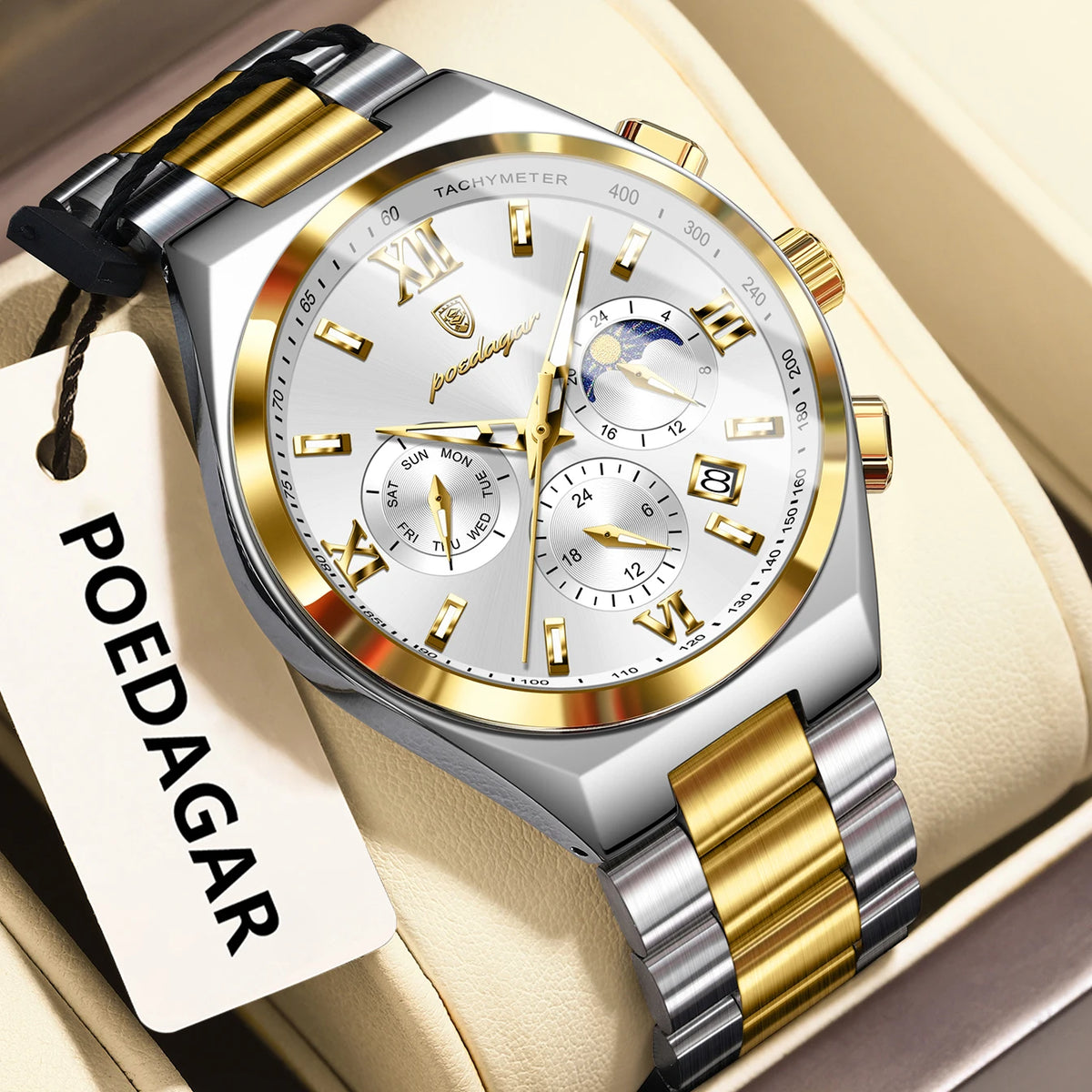 Poedagar 688 Luxury Men's Quartz Watch Waterproof Luminous Wristwatch Multi-Functional Chronograph Stainless Steel Watch for Men