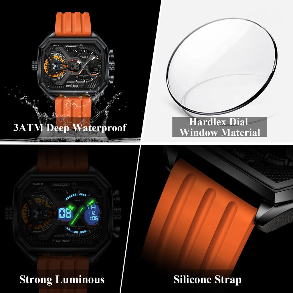 Poedagar E106 Mens Watches Silicone Strap Multifunctional Chronograph Relojes Waterproof Luminous Quartz Digital Watch for Men