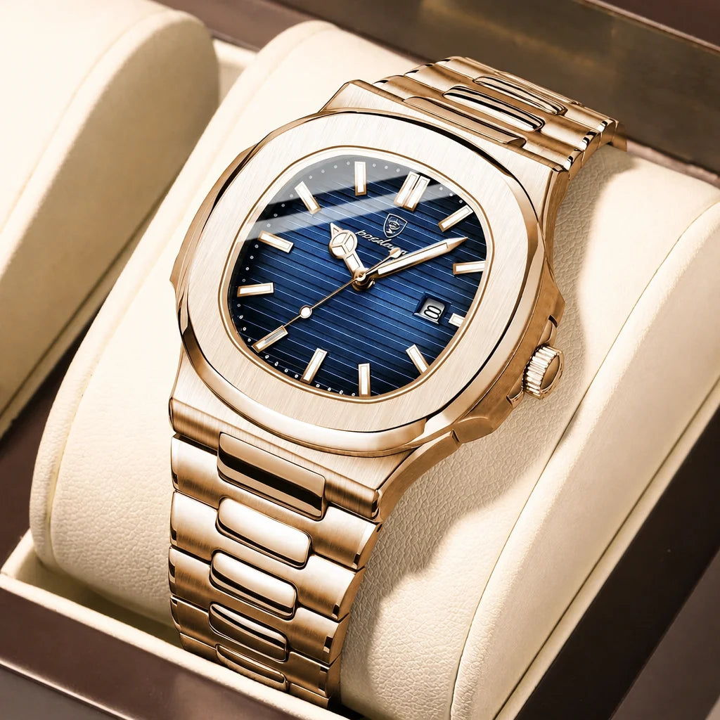 Poedagar Top Brand Luxury Fashion Rose Gold Square Men Quartz Watch Waterproof Luminous Date Stainless Steel Watch for Men