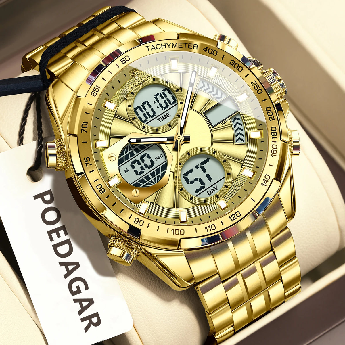 Poedagar E108 Multifunction Chronograph Alarm Stainless Steel Strap Men's Quartz Watch with 30M Waterproof Luminous