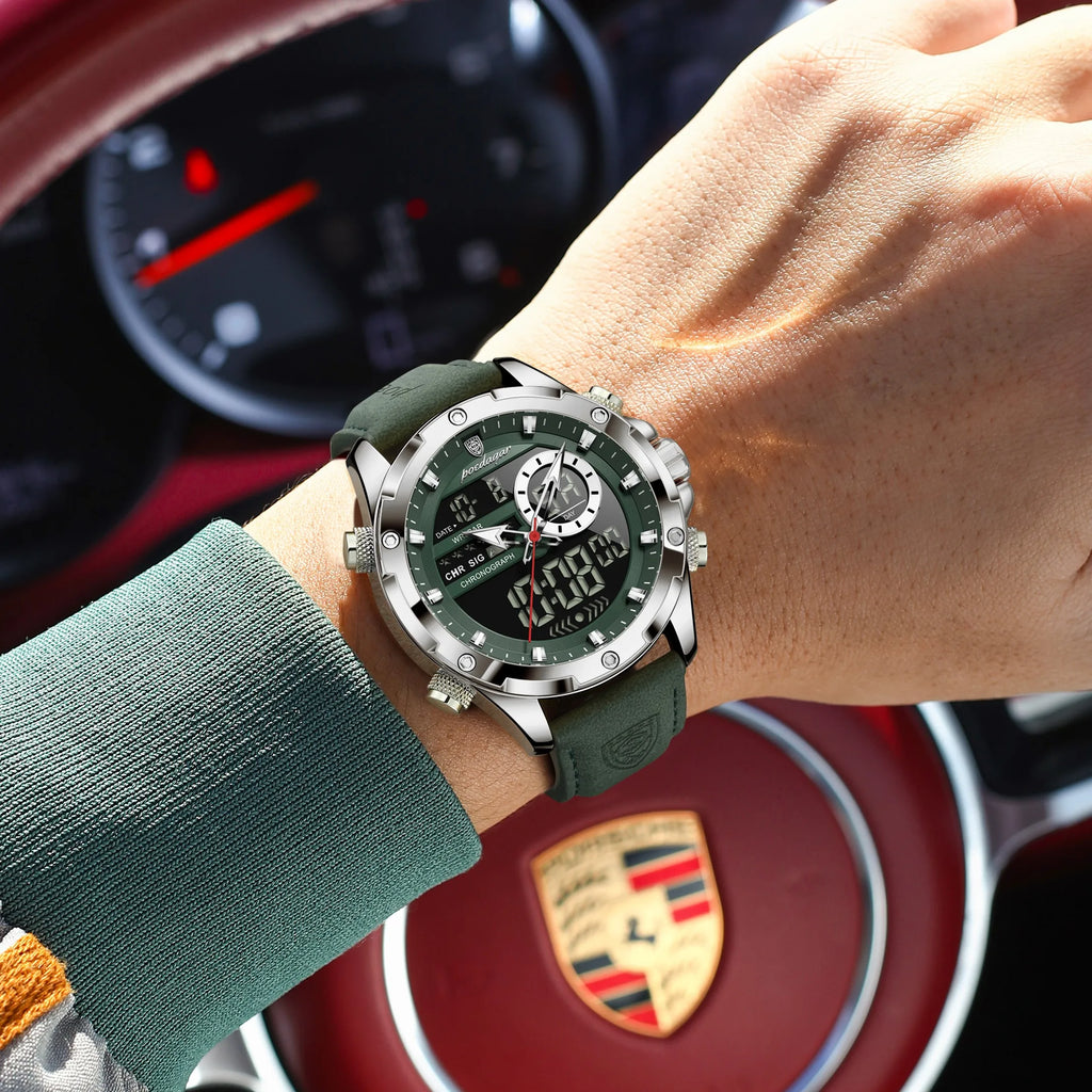 Poedagar E129 Mens Chronograph Watches Original Dual Display Quartz Watch Luxury Leather Strap Luminous Waterproof Watch for Men