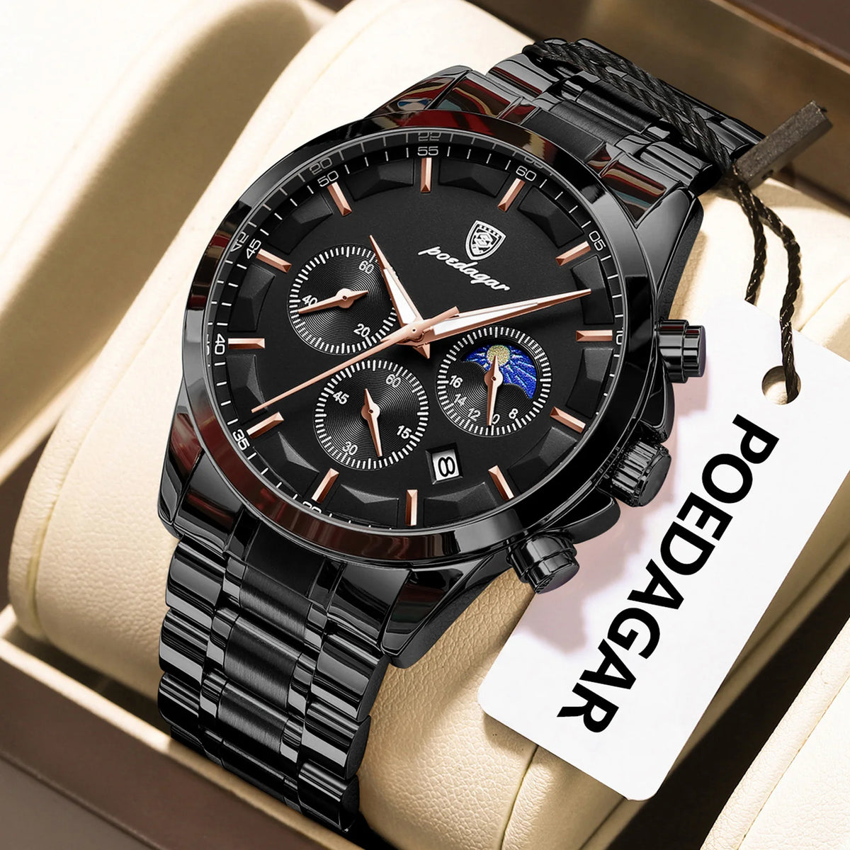 Poedagar 928 High Quality Men Watch Moon Phase Chronograph Stainless Steel Quartz Watch for Men Wholesale Price Ready to Ship