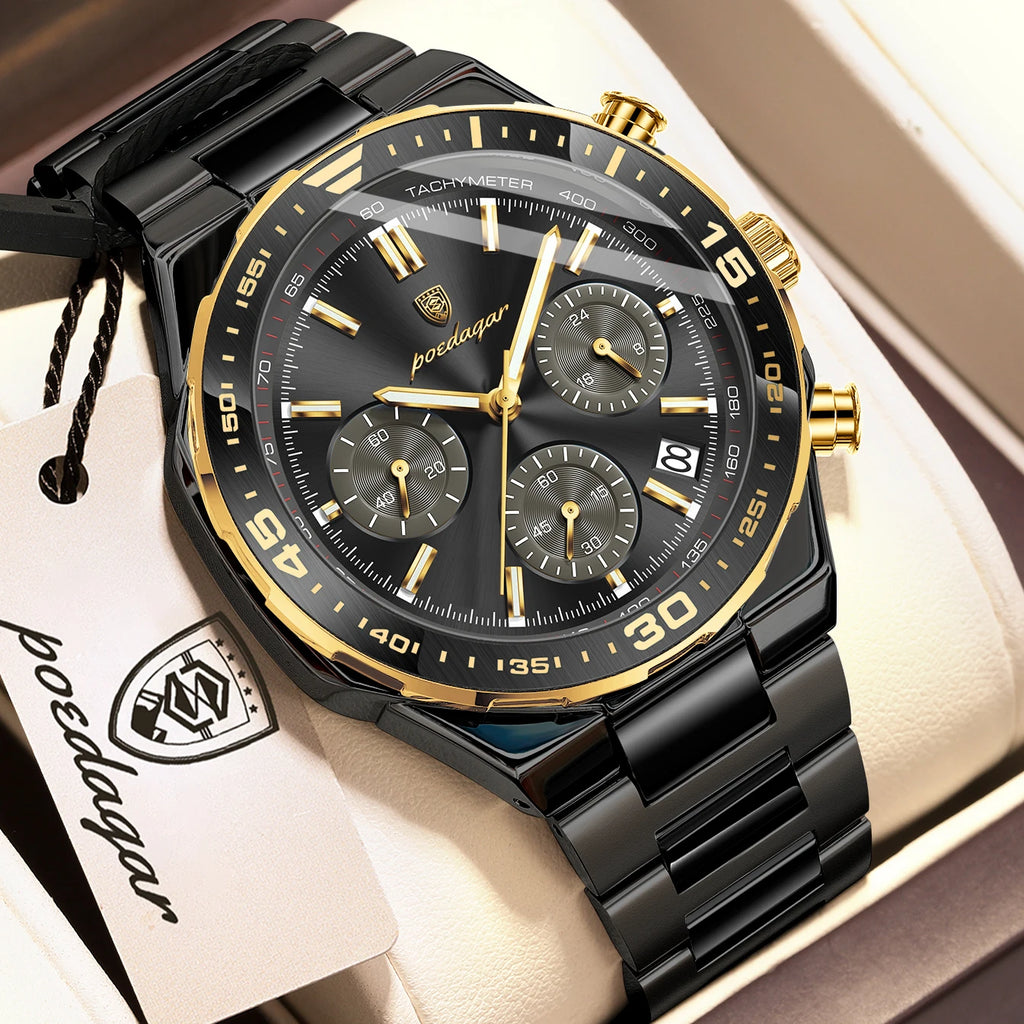 Poedagar 697 Men's Chronograph Watch Luxury Malachite Green Dial Tachymeter Luminous Date Waterproof Original Factory Wholesale