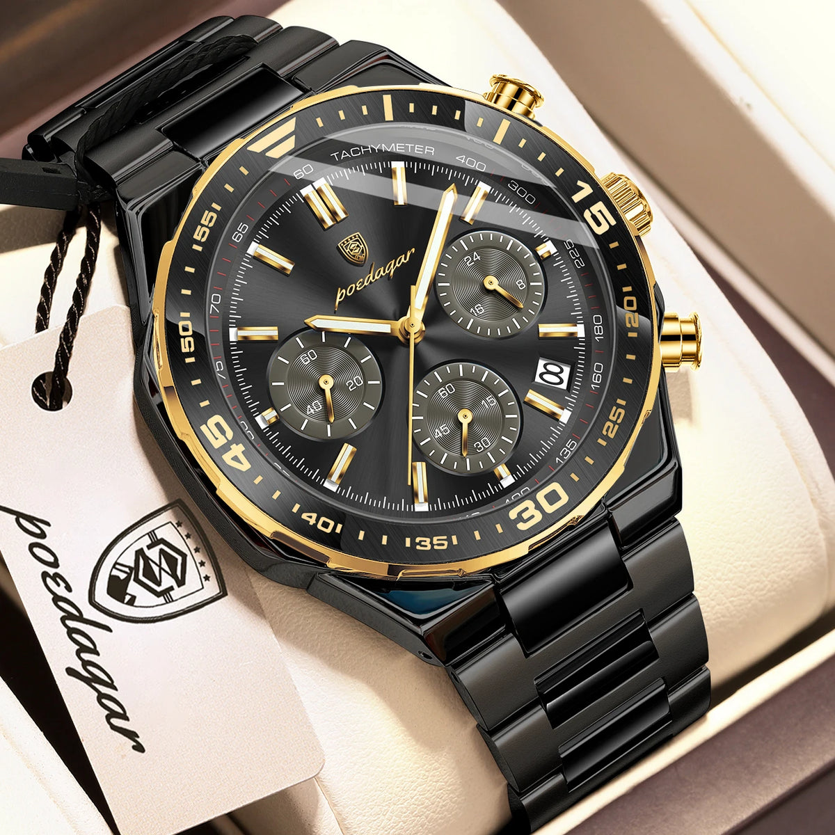 Poedagar 697 2-Tone Gold Mens Luxury Business Sport Chronograph Watch Tachymeter Luminous Date 3ATM Waterproof Factory Wholesale