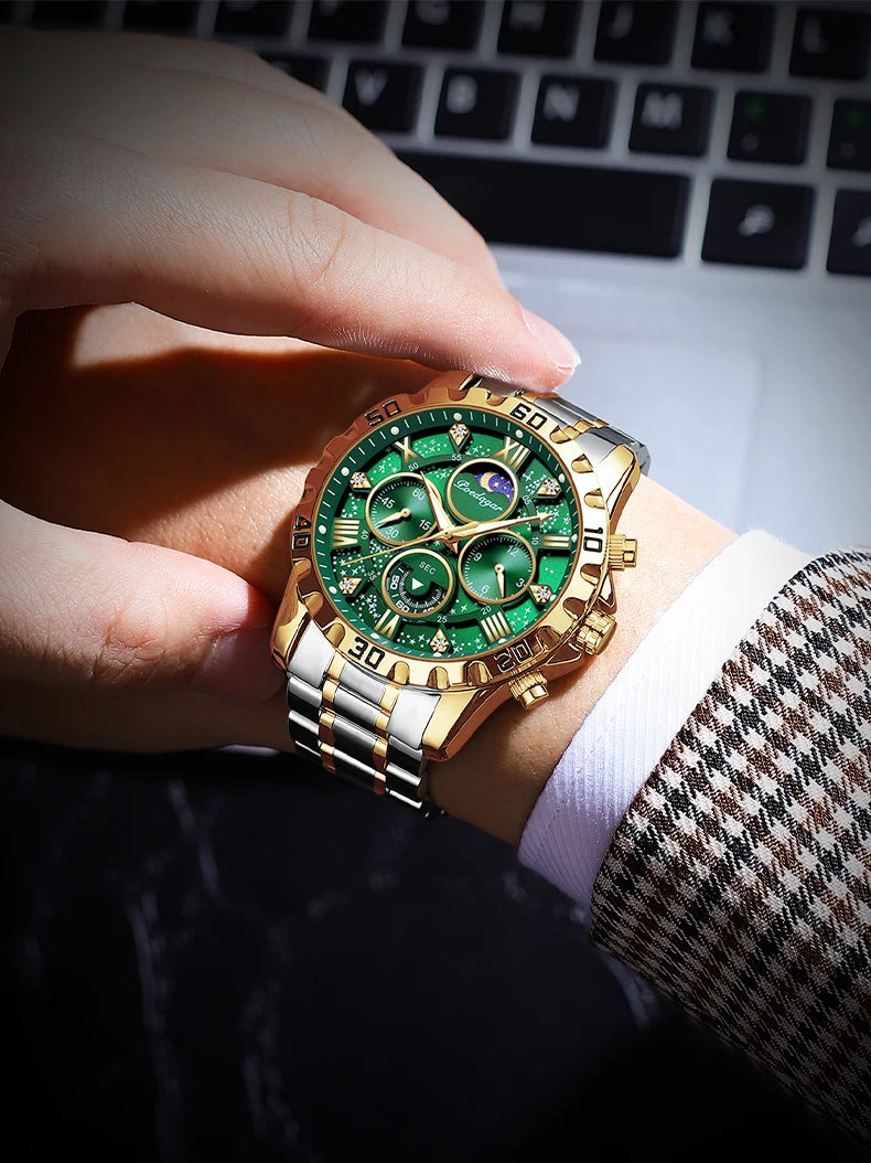 Poedagar 973 Luxury Men Watch Starry Dial Diamond Roman Markers Chronograph Moonphase Steel Band Waterproof Factory Wholesale
