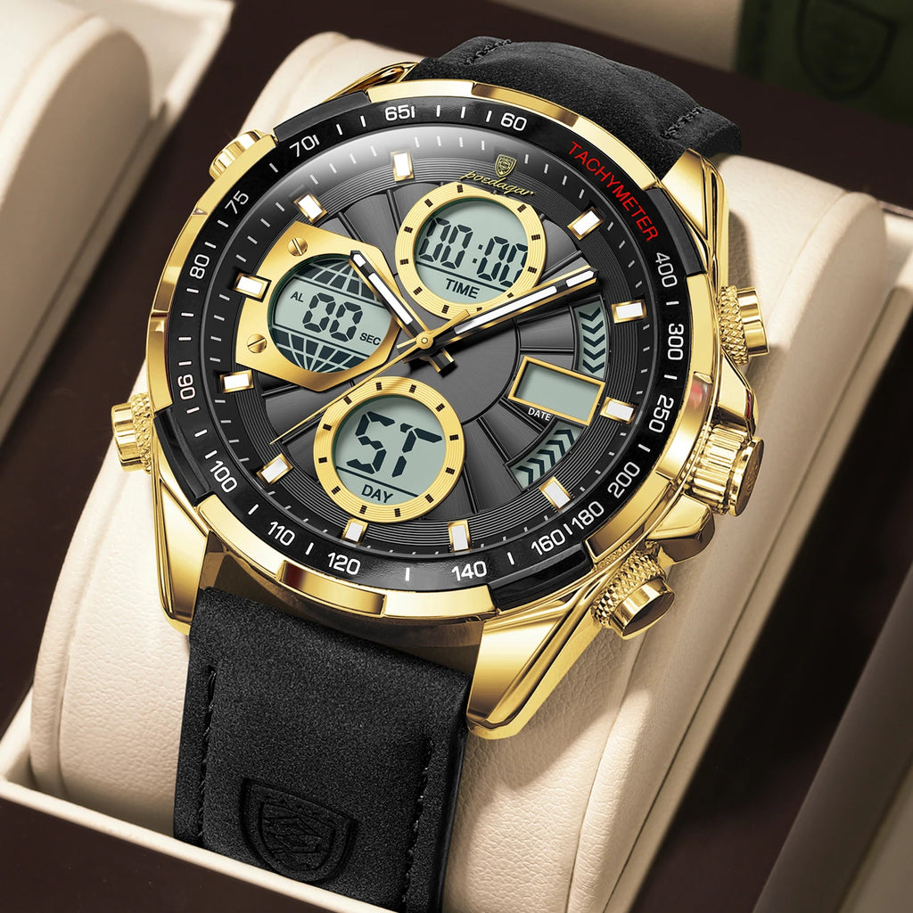 Poedagar Original Multi-functional Chronograph Watches for Men Waterproof Luxury Leather Quartz Wrist Men Watch