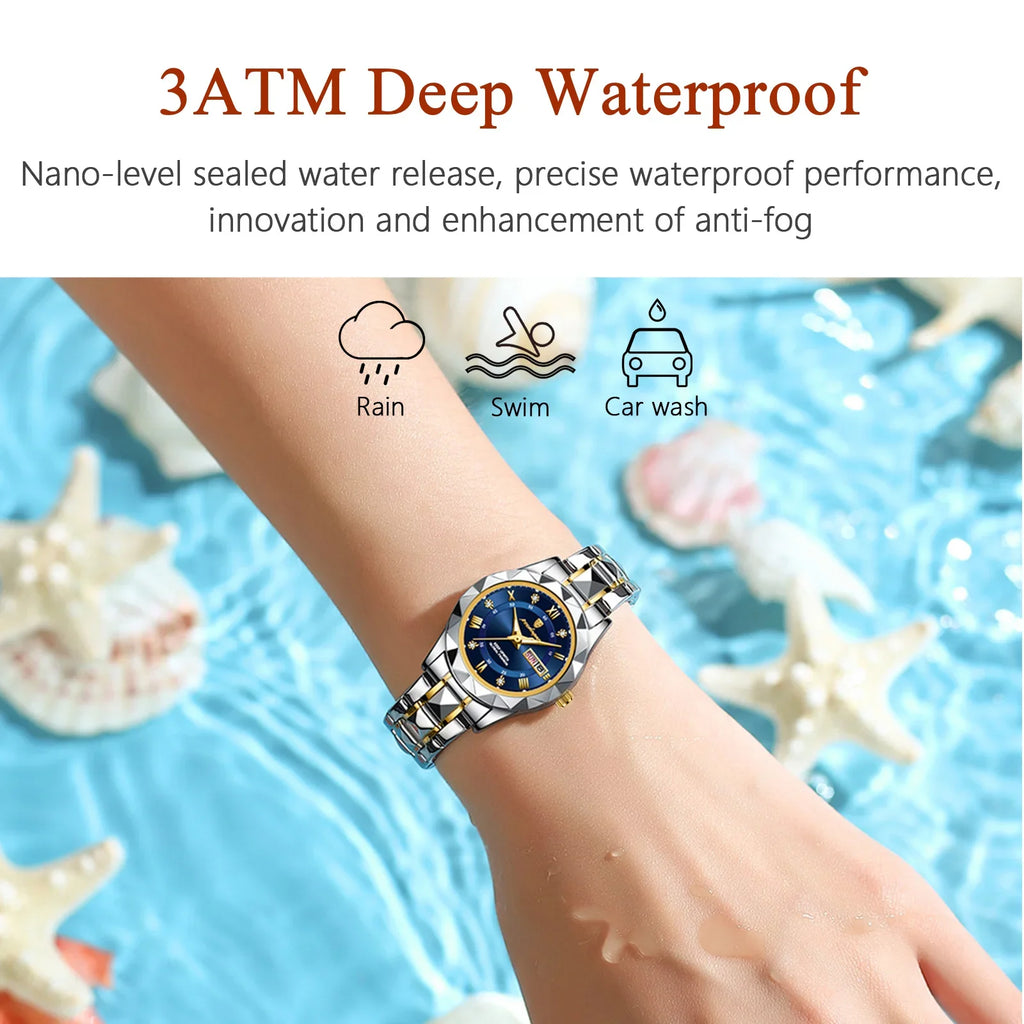 POEDAGAR Luxury Diamond Stainless Steel Montre Femme Waterproof Luminous Quartz Watches Week Date Ladies Watch