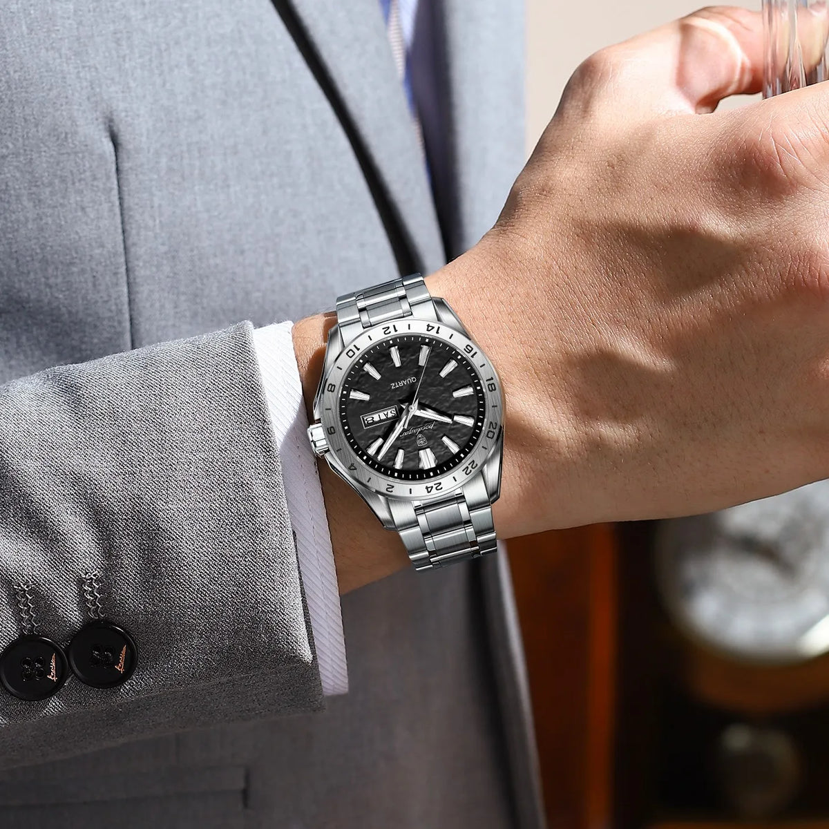 Poedagar 683 Men's Quartz Watch Luxury Formal Dual Calendar Waterproof Luminous Watch for Men Business Stainless Steel Strap