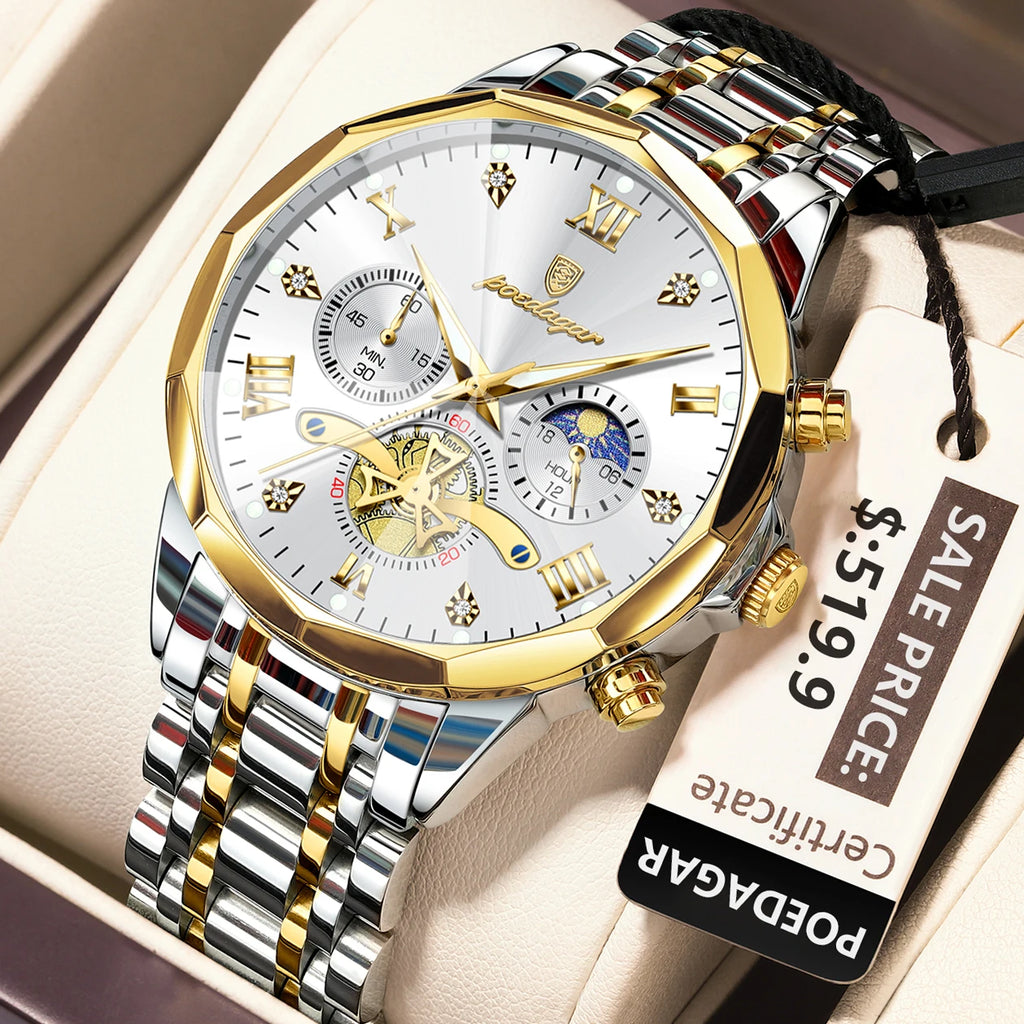 Poedagar 938 Men's Luxury Watch Business Stainless Steel Chronograph Quartz Wristwatch Waterproof Luminous Watch for Men Montre