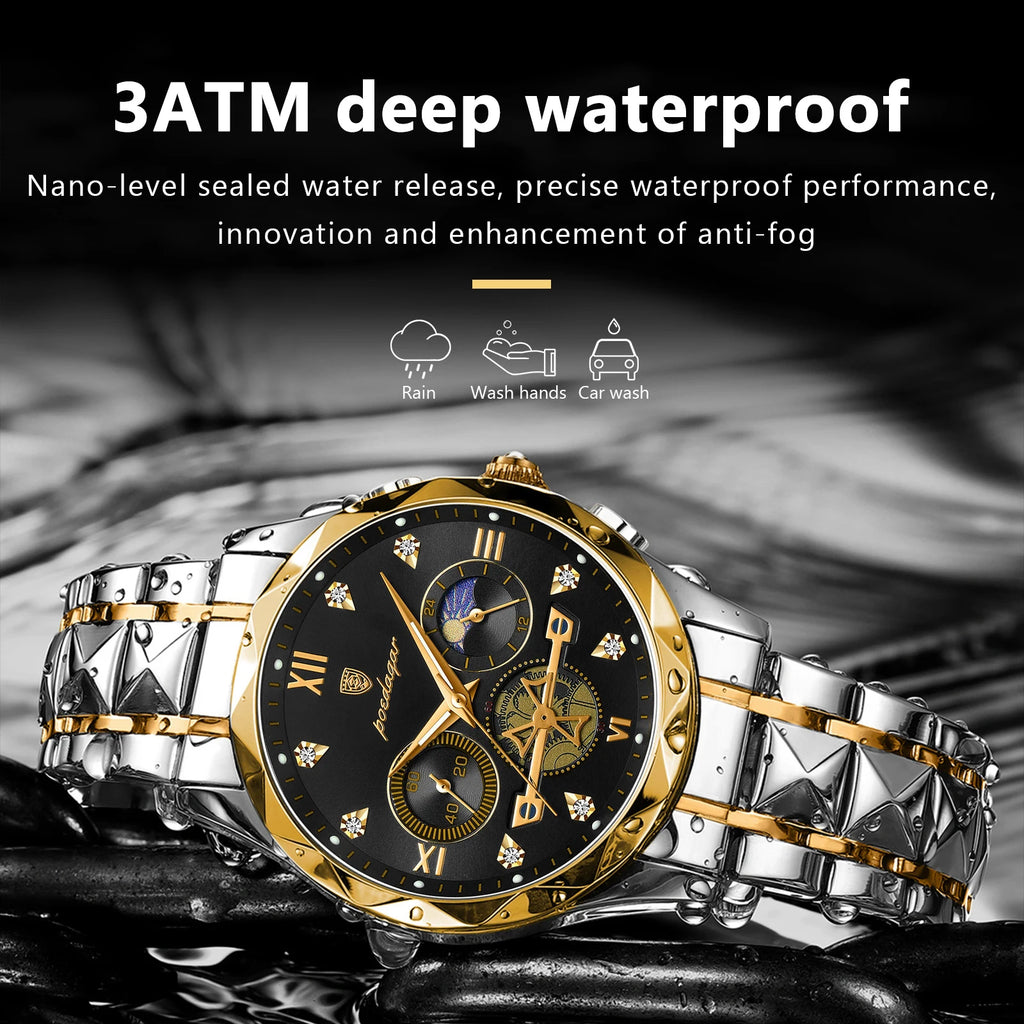Poedagar Men's Luxury Fashion Quartz Watch Stainless Steel Chronograph Waterproof Luminous Feature 42mm Alloy Business Style