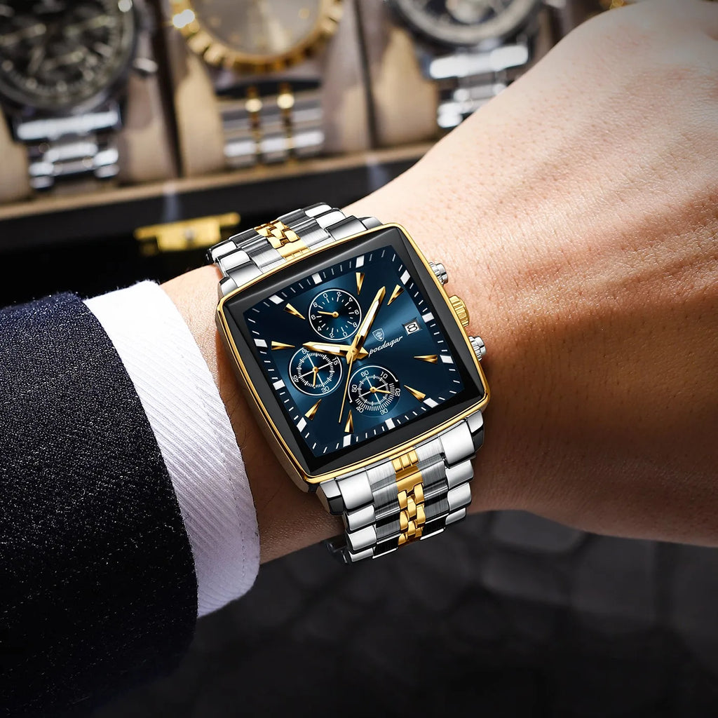 Poedagar 866 Luxury Men Watch Square Chronograph 3-Eye Dial Stainless Steel Band Luminous Waterproof Business Montre Wristwatch
