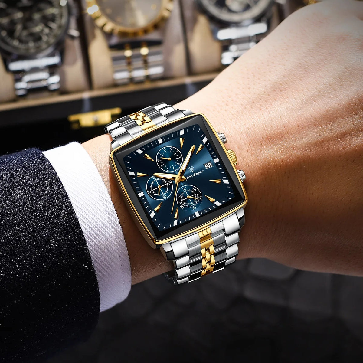 Poedagar 866 Luxury Men Watch Square Chronograph 3-Eye Dial Stainless Steel Band Luminous Waterproof Business Montre Wristwatch