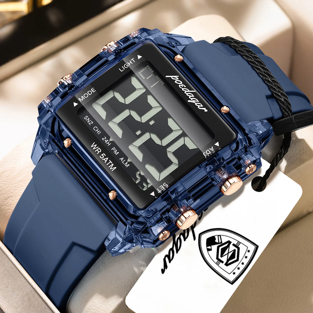 Poedagar E123 Men Digital Sports Watch LED Display 50M Waterproof Multifunction Electronic Wrist Watch