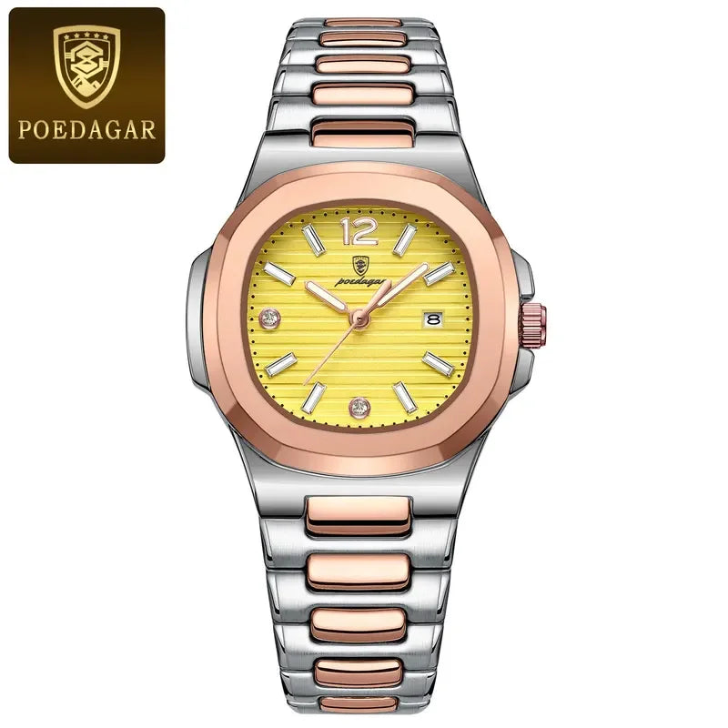 Poedagar Factory Wholesale Montre Female Square Stainless Steel Ladies Quartz Watches Waterproof Luminous Date Watch for Women