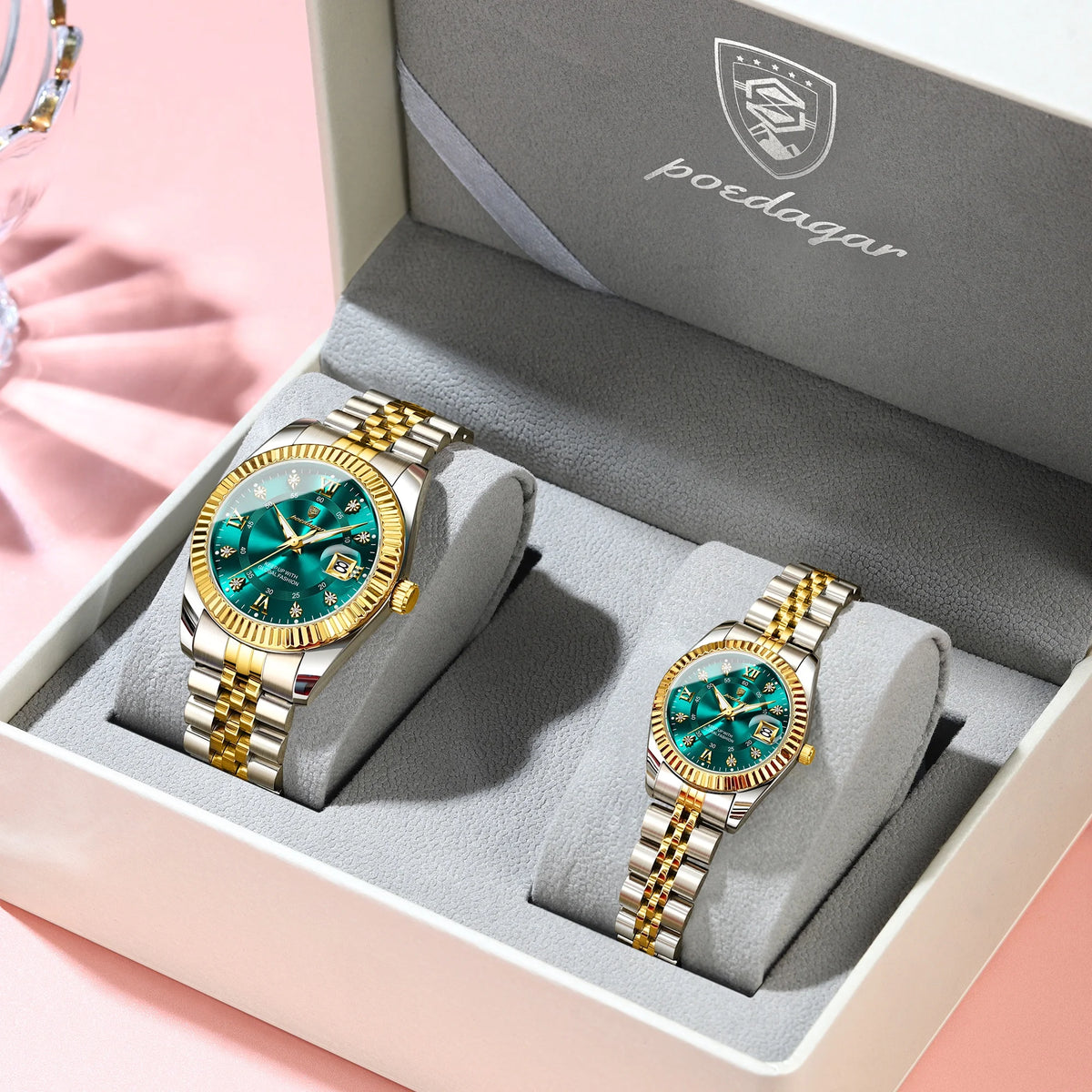 Poedagar Luxury Couple Watch Set for Men and Women Stainless Steel Quartz Calendar Waterproof Wrist Watch