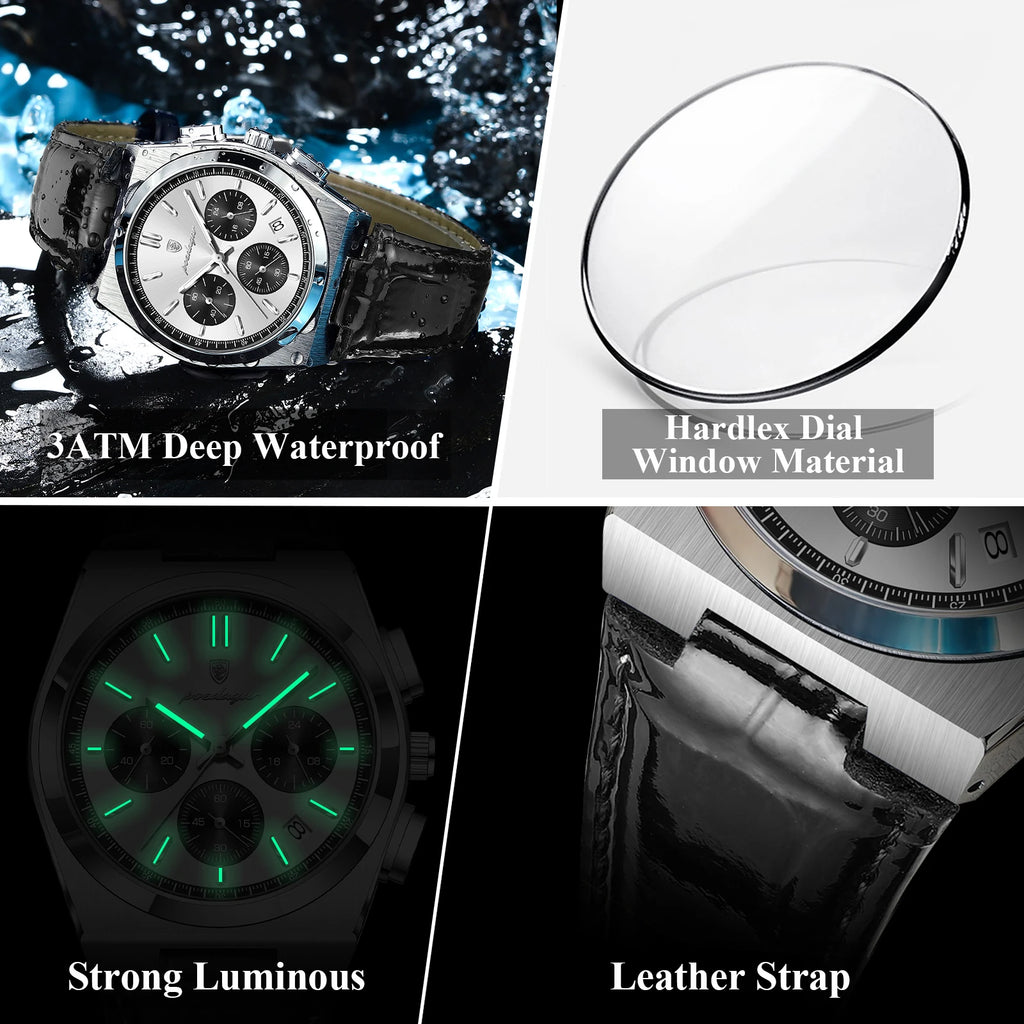 Poedagar 970 Luxury Men Watch Leather Strap Luminous Waterproof Quartz Watches Montre Homme Casual Chronograph Watch for Men