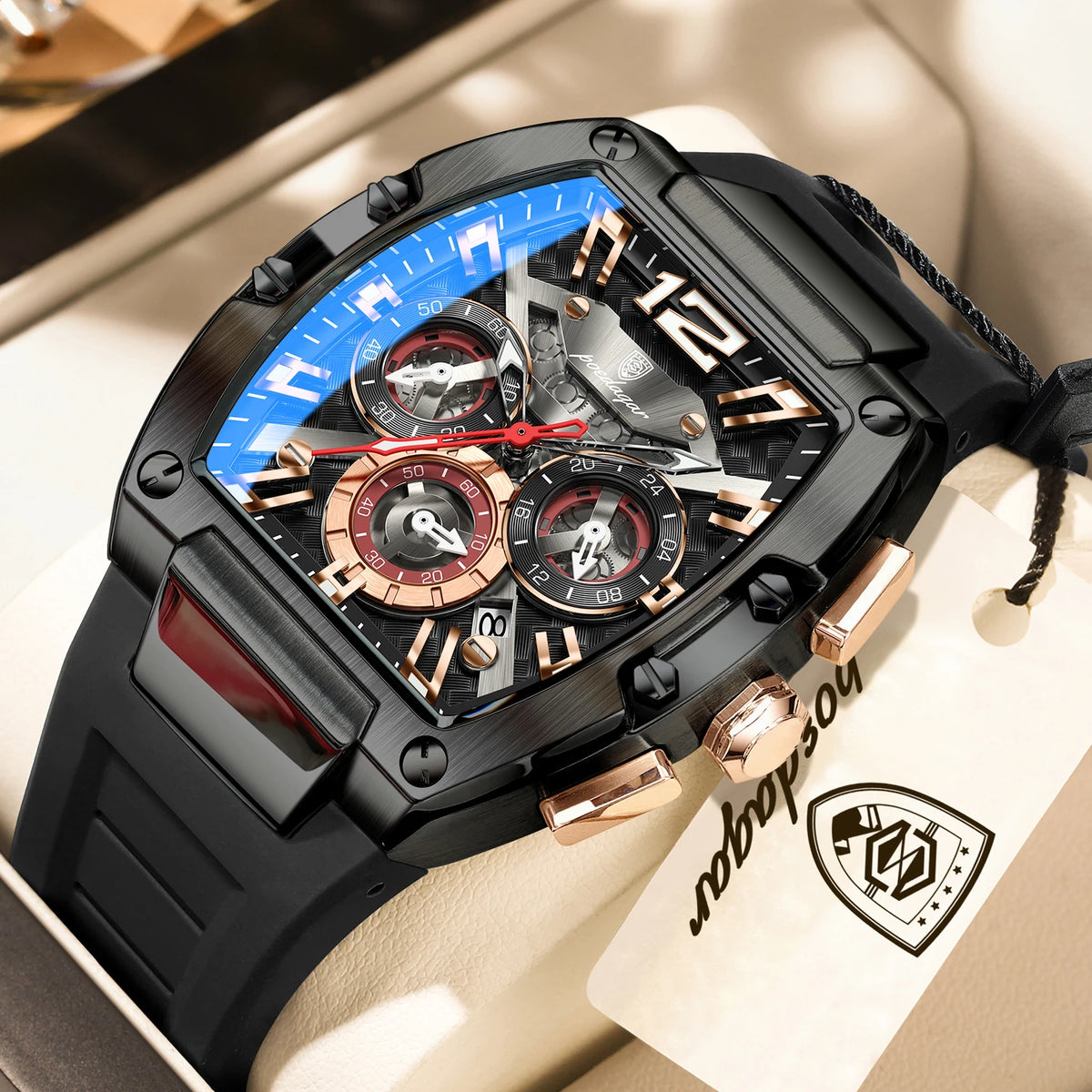 Poedagar 9051 Men's Chronograph Quartz Watches Luxury 43mm Tonneau Case Relogio Silicone Strap Sport Waterproof Watch for Men