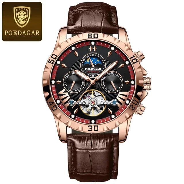 Poedagar Hollow Tourbillon Automatic Men's Watch Luxury LeatherWaterproof Luminous Mechanical Watch