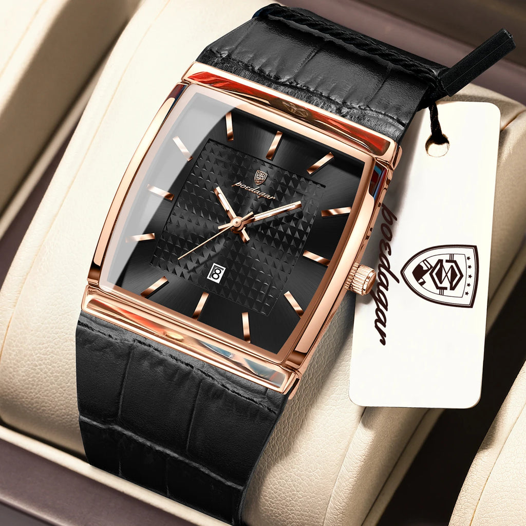 Poedagar 885 Luxury Men's Watch Leather Strap Luminous Date Quartz Watches Reloj Hombre Waterproof Fashion Square Watch for Men