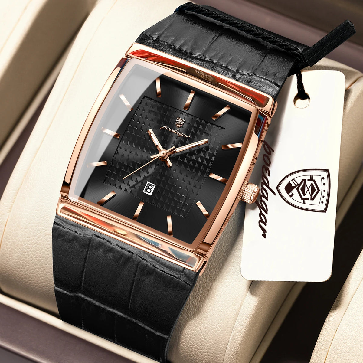 Poedagar 885 Luxury Men's Watch Leather Strap Luminous Date Quartz Watches Reloj Hombre Waterproof Fashion Square Watch for Men