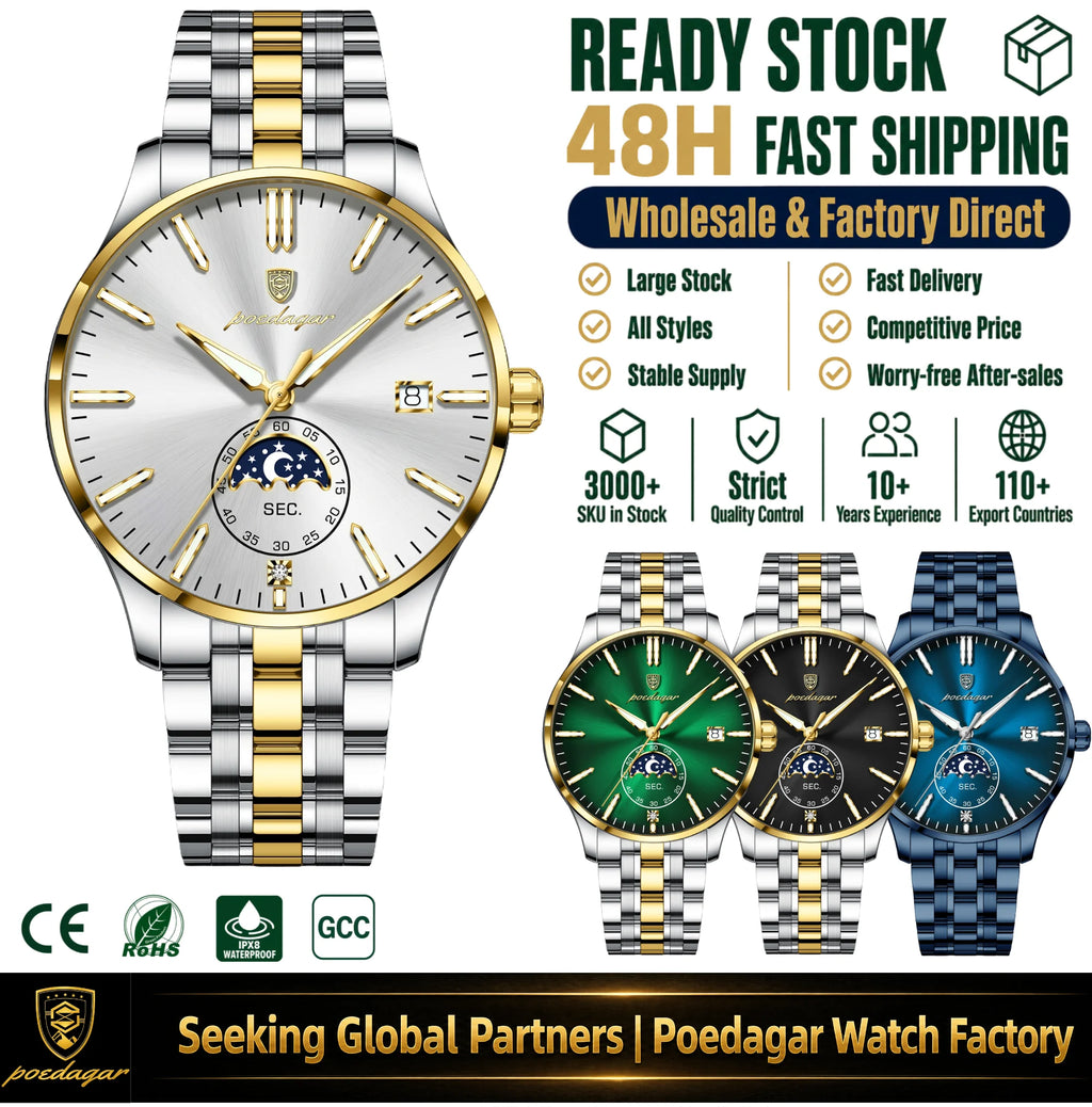 Poedagar 854 Men's Watches Luxury Moon Phase Stainless Steel Quartz Watch Reloj Calendar Waterproof Business Wristwatch for Men