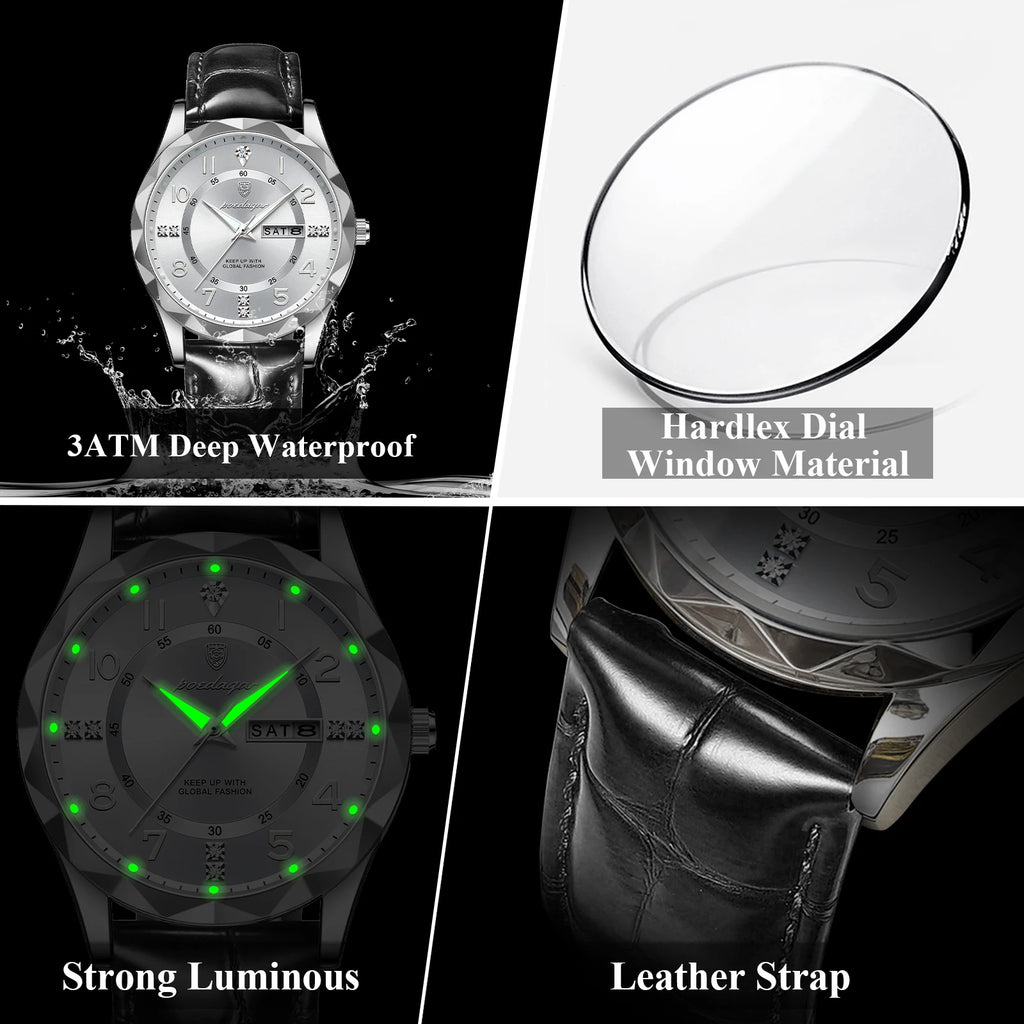 Poedagar 858 Watch for Men Luxury Date Week Leather Strap Quartz Watches Waterproof Luminous Men's Watches Wholesale Orologio