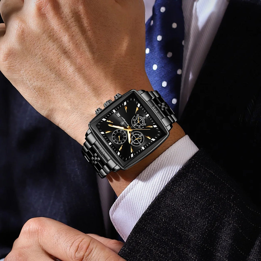 Poedagar 866 Business Sport Men Watch Square Dial 3-Eye Chronograph Stainless Steel Luminous Waterproof Fashion Reloj Wristwatch