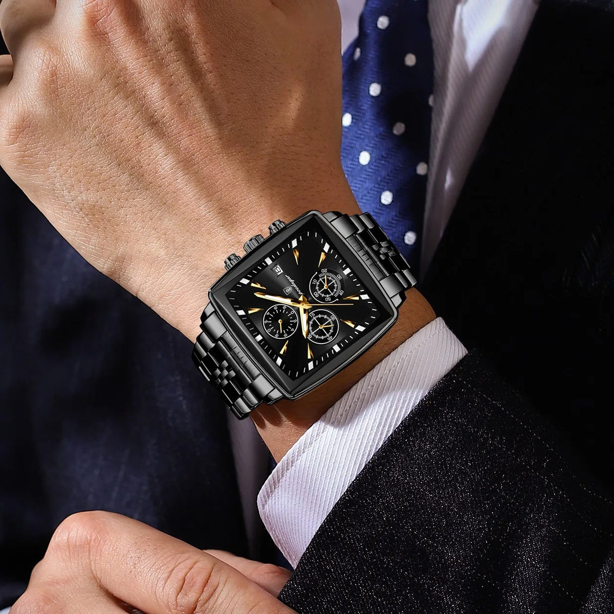 Poedagar 866 Business Sport Men Watch Square Dial 3-Eye Chronograph Stainless Steel Luminous Waterproof Fashion Reloj Wristwatch
