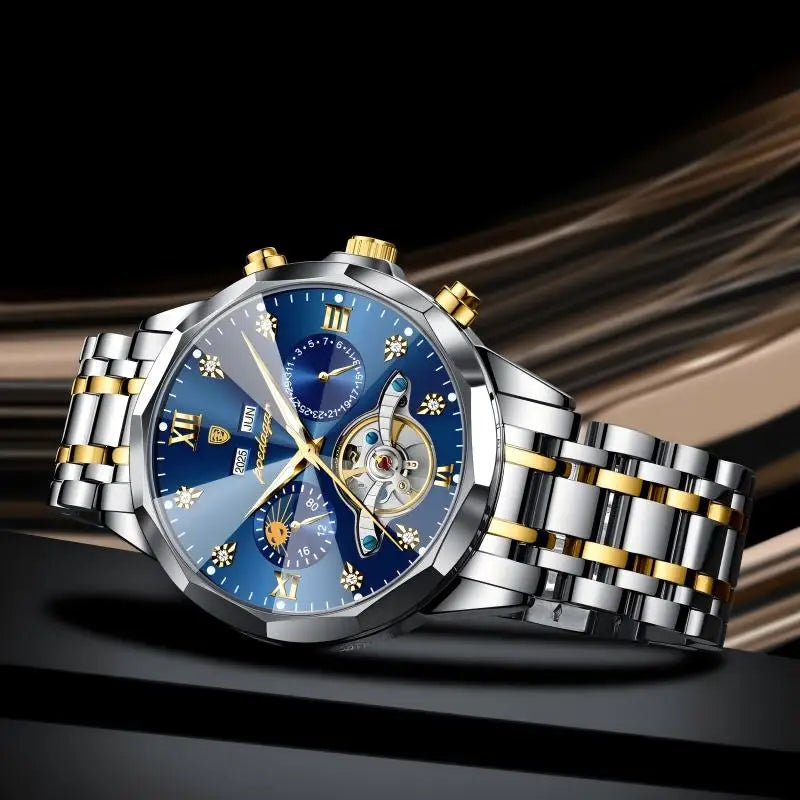 Poedagar 1422 Men Luxury Hollow Tourbillon Stainless Steel Waterproof Automatic Mechanical Wrist Watch
