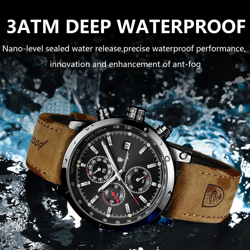 Poedagar 932 Luxury Men's Watch Leather Strap Waterproof Quartz Watches Luminous Chronograph Wristwatch for Men Montre Homme
