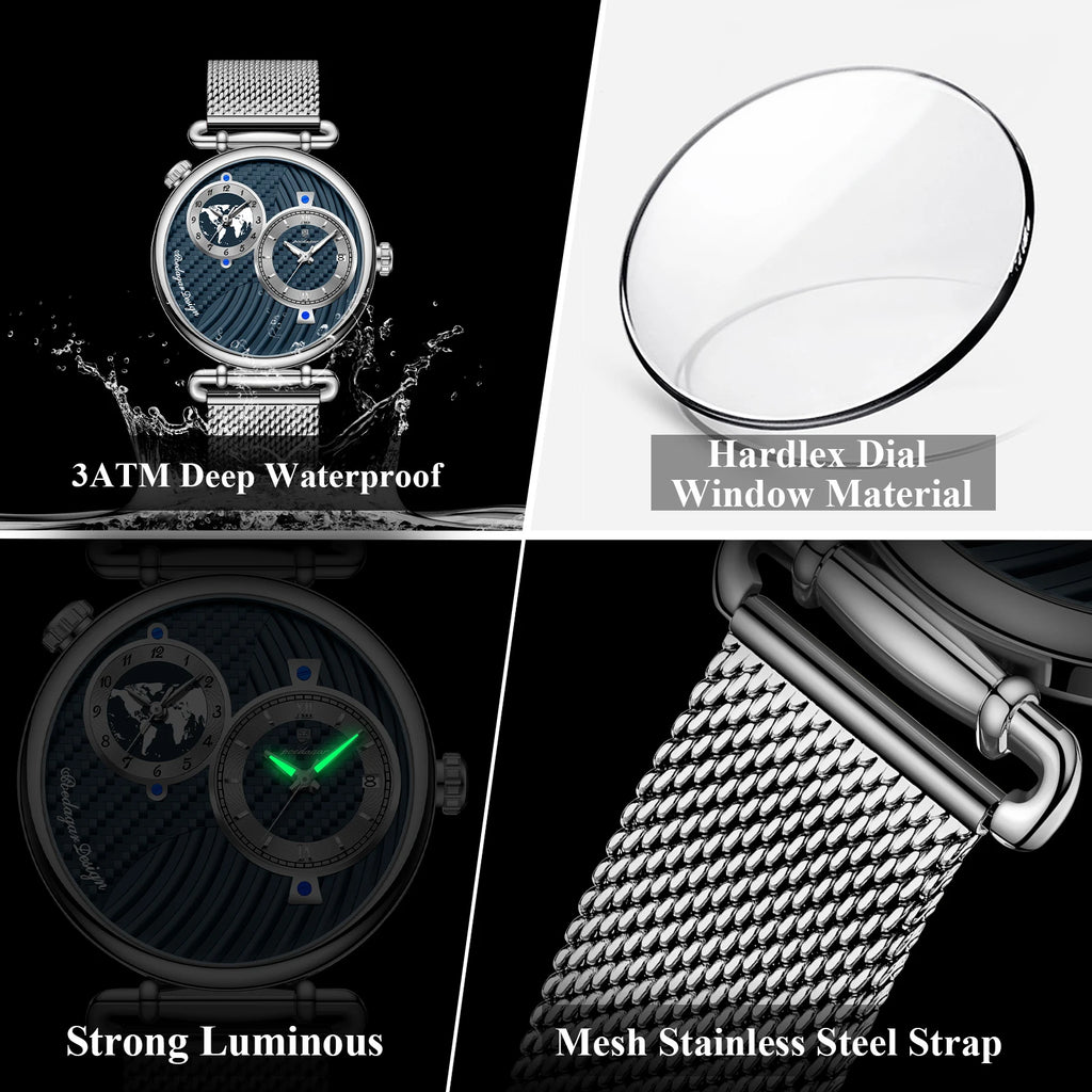 Poedagar 848 Men's Formal Quartz Watch Dual Time Zone Mesh Stainless Steel Luminous 3ATM Waterproof Business Montre Homme