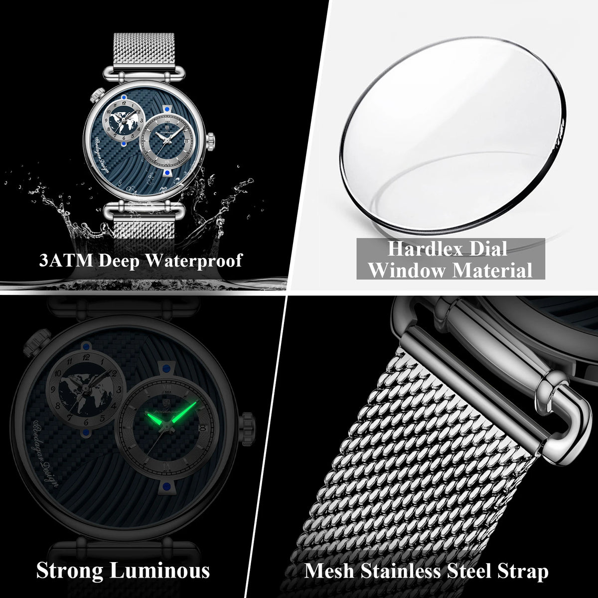 Poedagar 848 Men's Formal Quartz Watch Dual Time Zone Mesh Stainless Steel Luminous 3ATM Waterproof Business Montre Homme